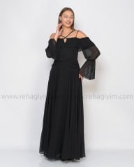 Tasarım Şifon Maxi Abiye Elbise|Siyah