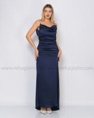 Drape Zincir Detay Saten Abiye Elbise|Lacivert