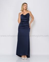 Drape Zincir Detay Saten Abiye Elbise|Lacivert