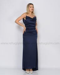 Drape Zincir Detay Saten Abiye Elbise|Lacivert
