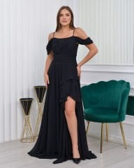 İnce Askılı Şifon Plus Size Abiye-Siyah
