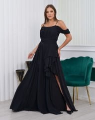 İnce Askılı Şifon Plus Size Abiye-Siyah