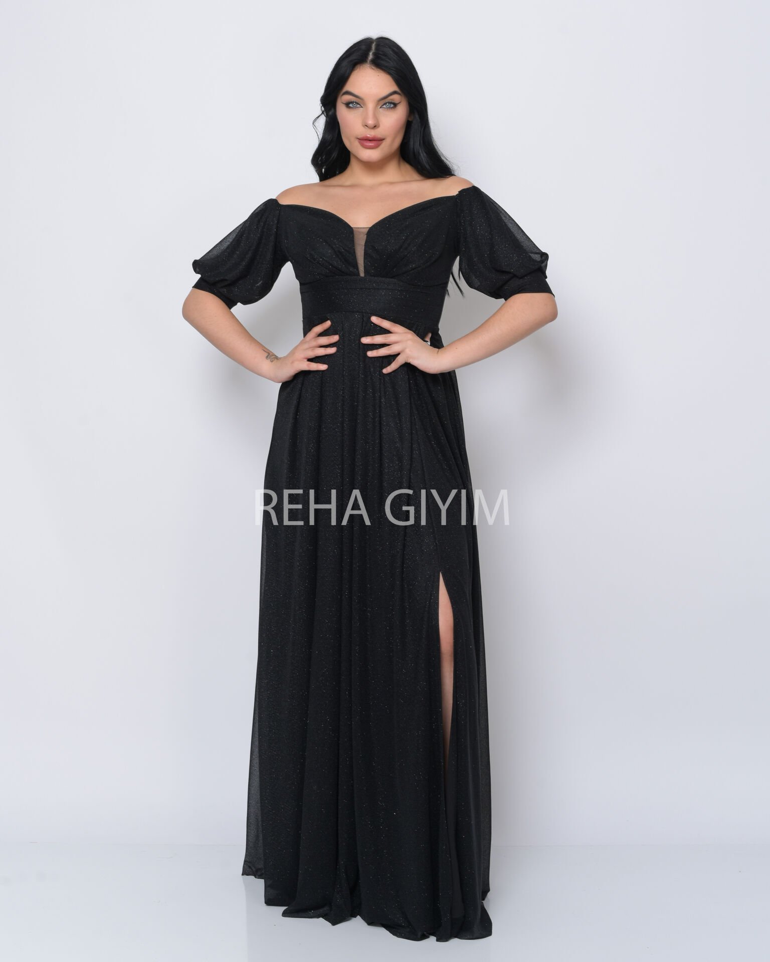 Simli Balon Kol Abiye Elbise Plus Size Maxi| Siyah