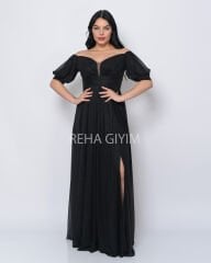 Simli Balon Kol Abiye Elbise Plus Size Maxi| Siyah