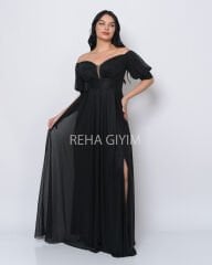 Simli Balon Kol Abiye Elbise Plus Size Maxi| Siyah