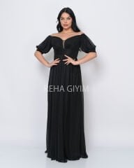 Simli Balon Kol Abiye Elbise Plus Size Maxi| Siyah