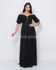 Simli Balon Kol Abiye Elbise Plus Size Maxi| Siyah