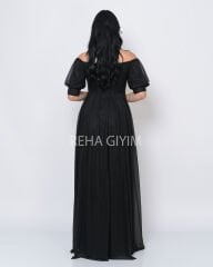 Simli Balon Kol Abiye Elbise Plus Size Maxi| Siyah