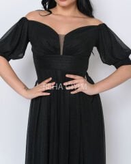Simli Balon Kol Abiye Elbise Plus Size Maxi| Siyah