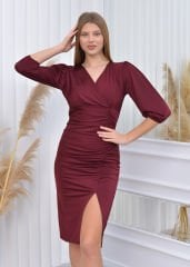 Uzun Kol Midi Sandy Elbise | Bordo