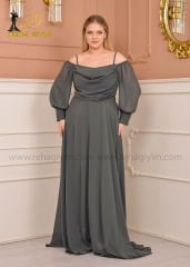 Şifon Açık Omuz Maxi Plus Size| Haki
