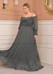 Şifon Açık Omuz Maxi Plus Size| Haki