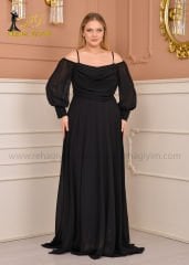 Şifon Açık Omuz Maxi Plus Size|Siyah