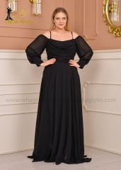 Şifon Açık Omuz Maxi Plus Size|Siyah