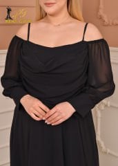 Şifon Açık Omuz Maxi Plus Size|Siyah