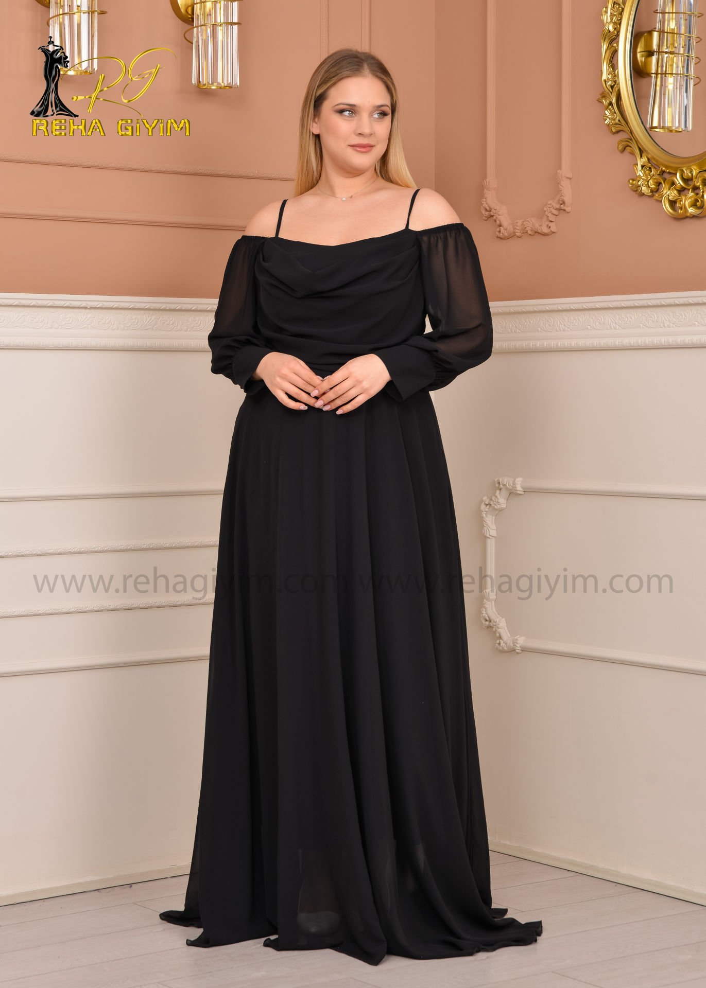 Şifon Açık Omuz Maxi Plus Size|Siyah