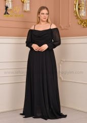 Şifon Açık Omuz Maxi Plus Size|Siyah