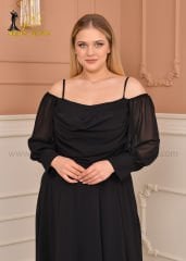 Şifon Açık Omuz Maxi Plus Size|Siyah
