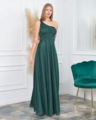 Tek Omuz Askılı Simli Elbise Plus Size| Yeşil
