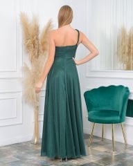 Tek Omuz Askılı Simli Elbise Plus Size| Yeşil