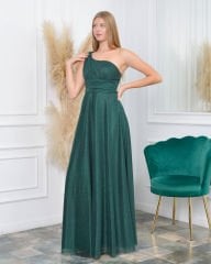 Tek Omuz Askılı Simli Elbise Plus Size| Yeşil