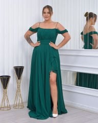 İnce Askılı Şifon Plus Size Abiye-Yeşil