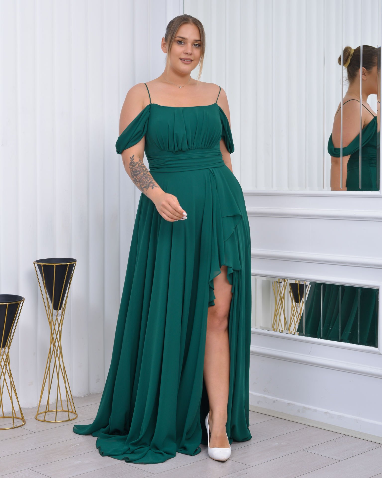 İnce Askılı Şifon Plus Size Abiye-Yeşil