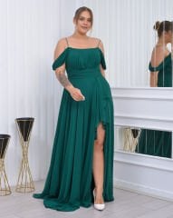 İnce Askılı Şifon Plus Size Abiye-Yeşil