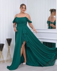 İnce Askılı Şifon Plus Size Abiye-Yeşil