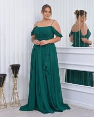 İnce Askılı Şifon Plus Size Abiye-Yeşil