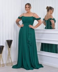 İnce Askılı Şifon Plus Size Abiye-Yeşil
