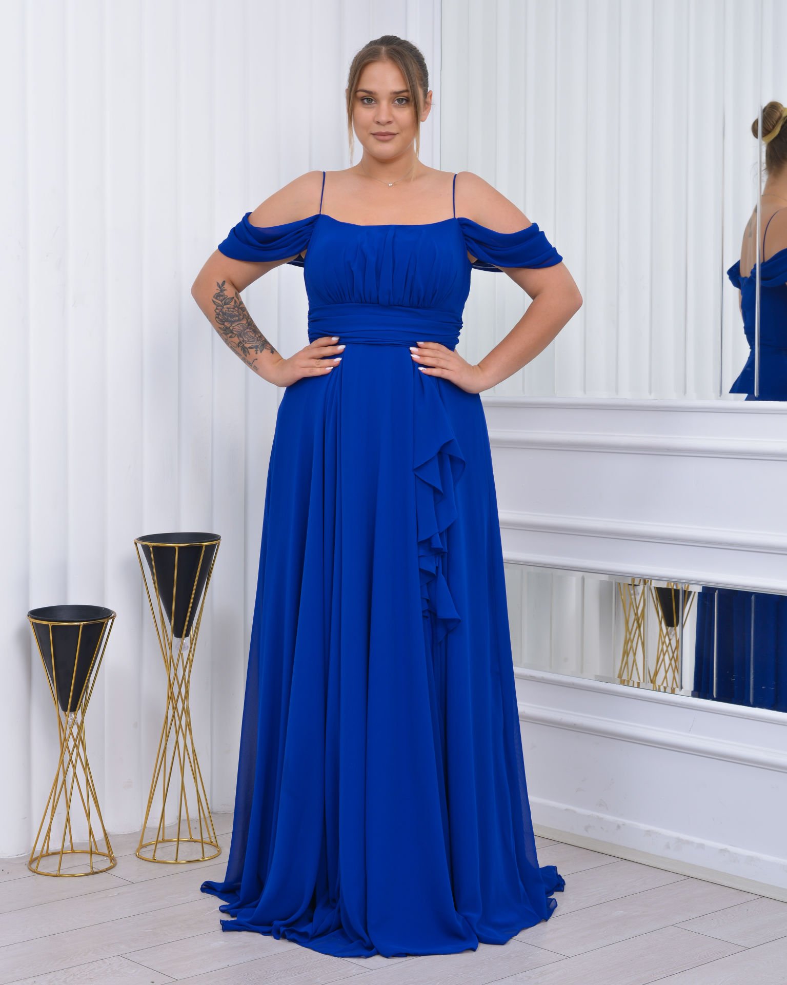 İnce Askılı Şifon Plus Size Abiye - Saks