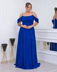 İnce Askılı Şifon Plus Size Abiye - Saks