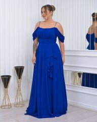 İnce Askılı Şifon Plus Size Abiye - Saks