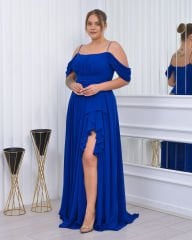 İnce Askılı Şifon Plus Size Abiye - Saks