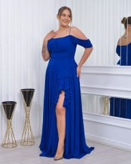 İnce Askılı Şifon Plus Size Abiye - Saks