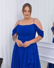 İnce Askılı Şifon Plus Size Abiye - Saks