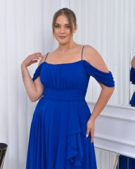 İnce Askılı Şifon Plus Size Abiye - Saks