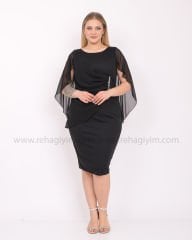 Üzeri Şifon Beli Aksesuarlı Elbise |Siyah