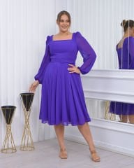 Kare Yaka Şifon Midi Dress| Mor