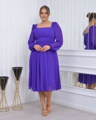Kare Yaka Şifon Midi Dress| Mor