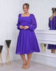 Kare Yaka Şifon Midi Dress| Mor