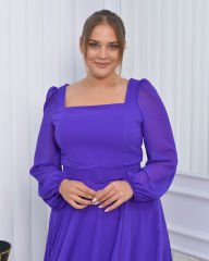 Kare Yaka Şifon Midi Dress| Mor