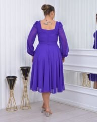 Kare Yaka Şifon Midi Dress| Mor