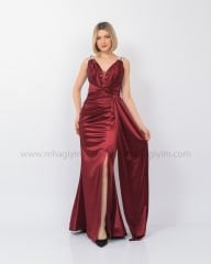 Omuz Detay Pileli Maxi Saten Abiye| Bordo