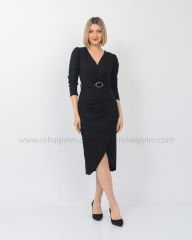 Beli Pile Detay Kemerli Elbise| Siyah