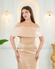 Madonna Taş İşleme Saten Elbise | Bej