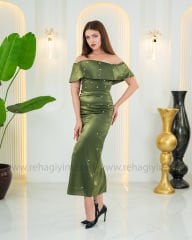 Madonna Taş İşleme Saten Elbise | Yeşil