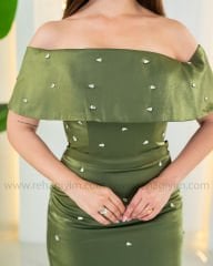 Madonna Taş İşleme Saten Elbise | Yeşil