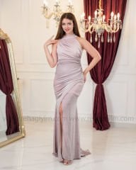 Halter Yaka Drapeli Elbise| Pudra